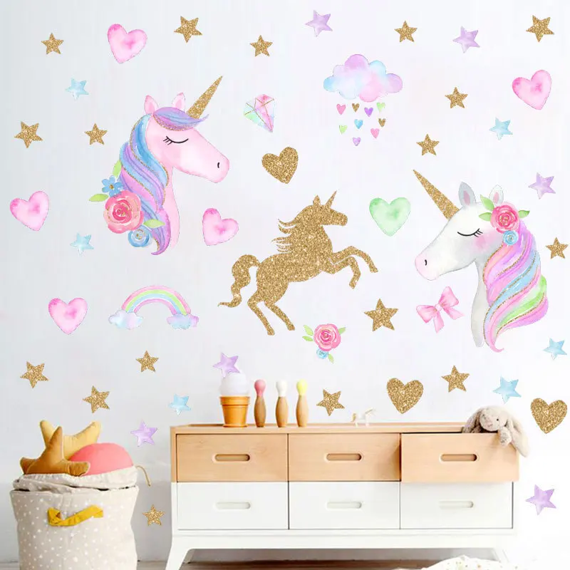 Мультяшный Единорог звезда сердце форма наклейки на стену с узорами для детской комнаты украшения дома Diy животные; настенная роспись ПВХ наклейка