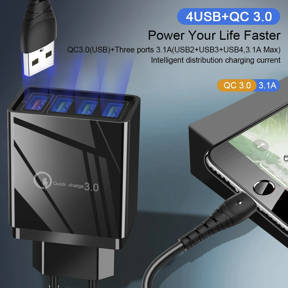 

4 Ports Quick Charge 3.0 USB Charger EU/US/UK Plug Wall Mobile Phone Fast Charger For iPhone XS 7 Samsung S8 Adapter QC 3.0