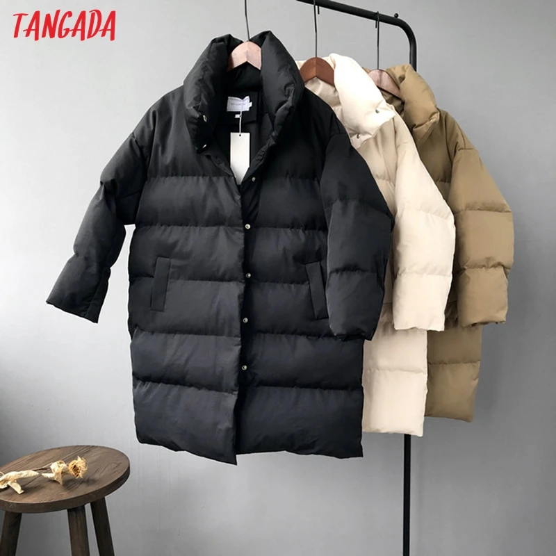 Tangada Women Solid Oversize Long Parkas Thick 2019 Long Sleeve Buttons Pockets Female Warm Winter Coat Korean Fashion ATC02