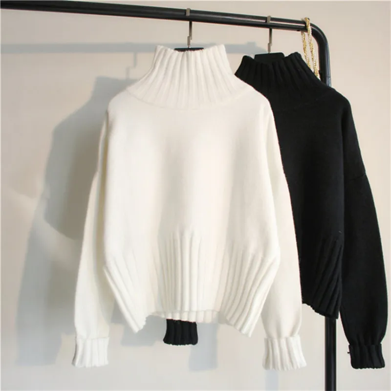 Модный дизайнерский свитер с высоким воротом, женский джемпер, зима, Свободный вязаный пуловер с длинным рукавом, женский свитер, черный, белый