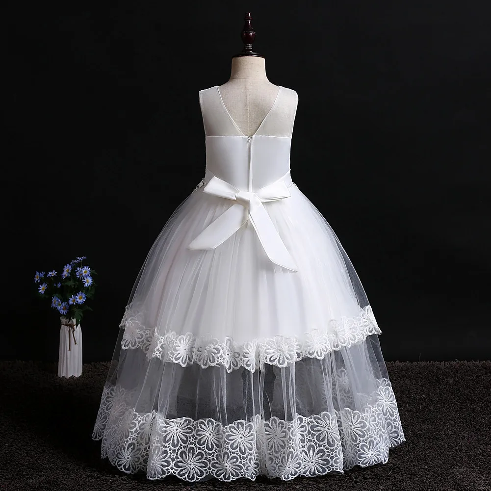 Элегантное платье для девочек-подростков; платье для первого причастия; платье для выпускного вечера; платье длиной до щиколотки с цветочным узором для девочек; белое свадебное платье для детей; X090