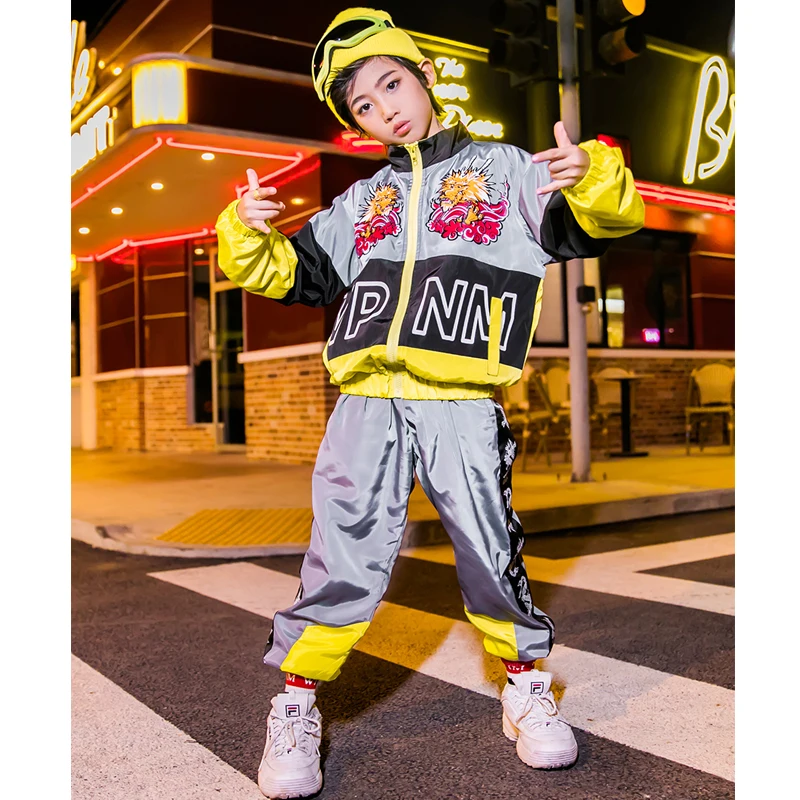 Детская одежда в стиле хип-хоп куртка с капюшоном спортивные штаны для девочек и мальчиков, костюм для джазовых танцев Одежда для бальных танцев Одежда для сцены DQS3177
