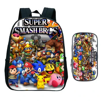 

12 Inch Super Mario Smash Bros Kindergarten Backpack 2pcs Set with Pen Bag Child Cartoon Anime Schoolbag Children Bookbag Gift