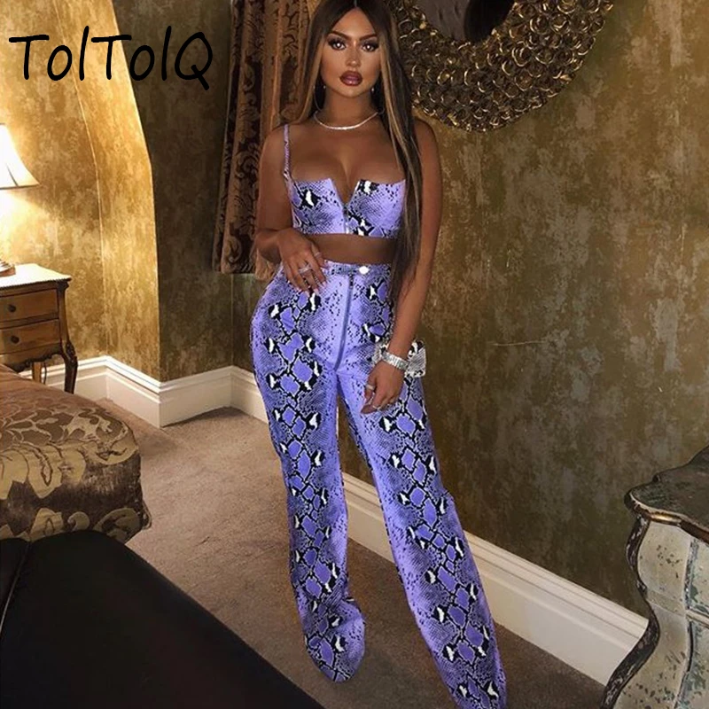 

Two Piece Set Sleeveless Crop Snake Print Tank Top High Waist Long Pants Trousers 2019 Sexy Women Clothes Zipper 2 Pieces Set