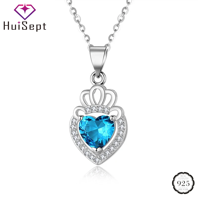 

HuiSept Silver 925 Jewellery Necklace Heart-shape Sapphire Zircon Gemstones Pendant for Women Wedding Party Ornaments Wholesale
