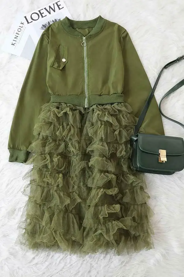 buy  2019 Autumn Fashion Women Lady Mesh Lace Splice Coats Long Sleeve Zipper Frill Tulle Tutu Long Jack