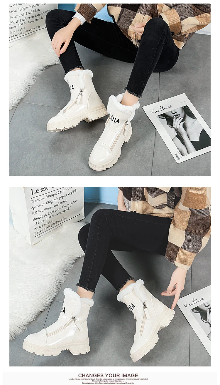 Winter Sneakers Warm Fur Shoes Woman Black White Sneakers Zipper Winter Boots Lady Casual Shoes High Top Sneakers Platform