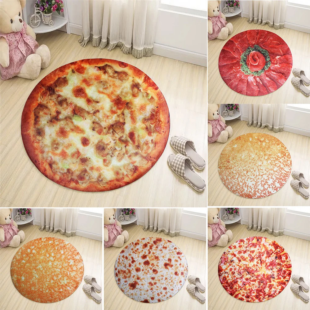 

60*60cm Creative Piza Circle Floor Mat Roll-up Pancake Carpet Flannel Anti Slip Mat Food Meat Floor Mat Home Living Room Mat Dec