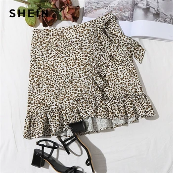 

SHEIN Multicolor Leopard Print Tie Front Ruffle Trim Wrap Skirts Womens Summer Zipped Belted High Waist Boho Mini Skirt