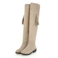 Lucyever/женские Сапоги выше колена зимняя обувь на квадратном каблуке пикантные женские сапоги с круглым носком из эластичной ткани с бахромой размеры 34-43