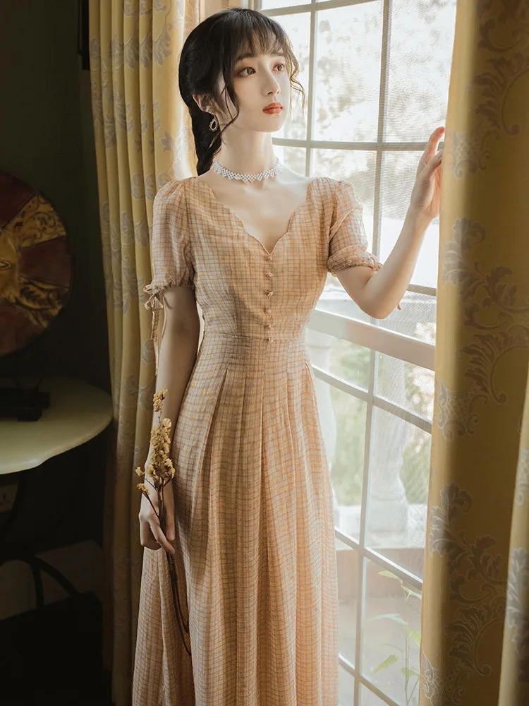 

2020 new fashion women's clothing Vintage dress V-Neck Plaid Short