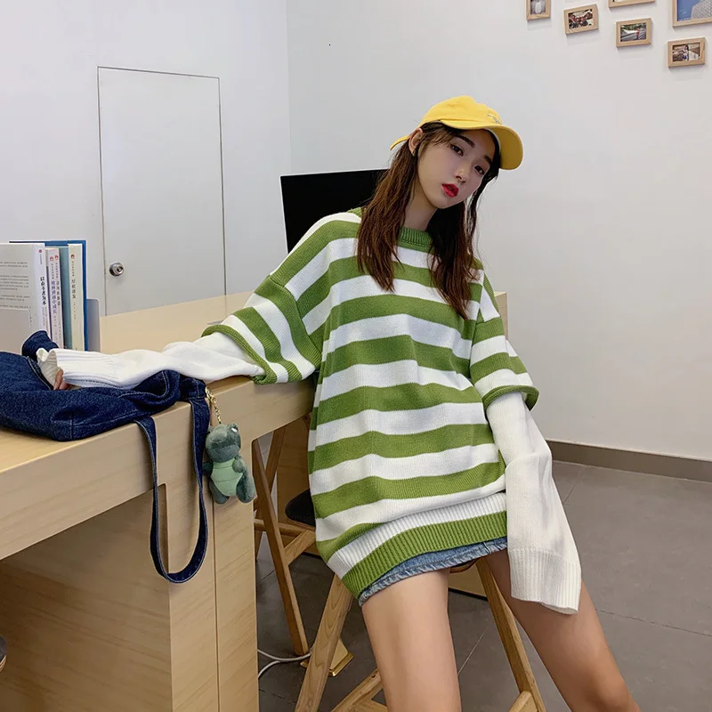 Autumn Sweater Men Fashion Contrast Color Casual Striped Couple Sweter Streetwear Loose Fake Two-piece Knitting Pullover Men