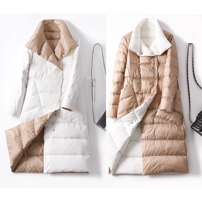 Женское зимнее длинное толстое двухстороннее клетчатое пальто для женщин размера плюс, теплый пуховик для женщин, тонкая одежда, пуховик на утином пуху