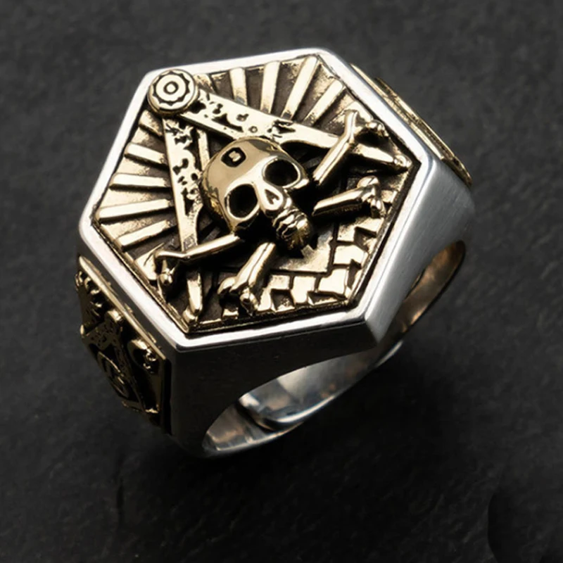 Real 925 Sterling Silver Men`s Skull Symbol Mason Freemasonry Masonic  Jewelry Gift A4522
