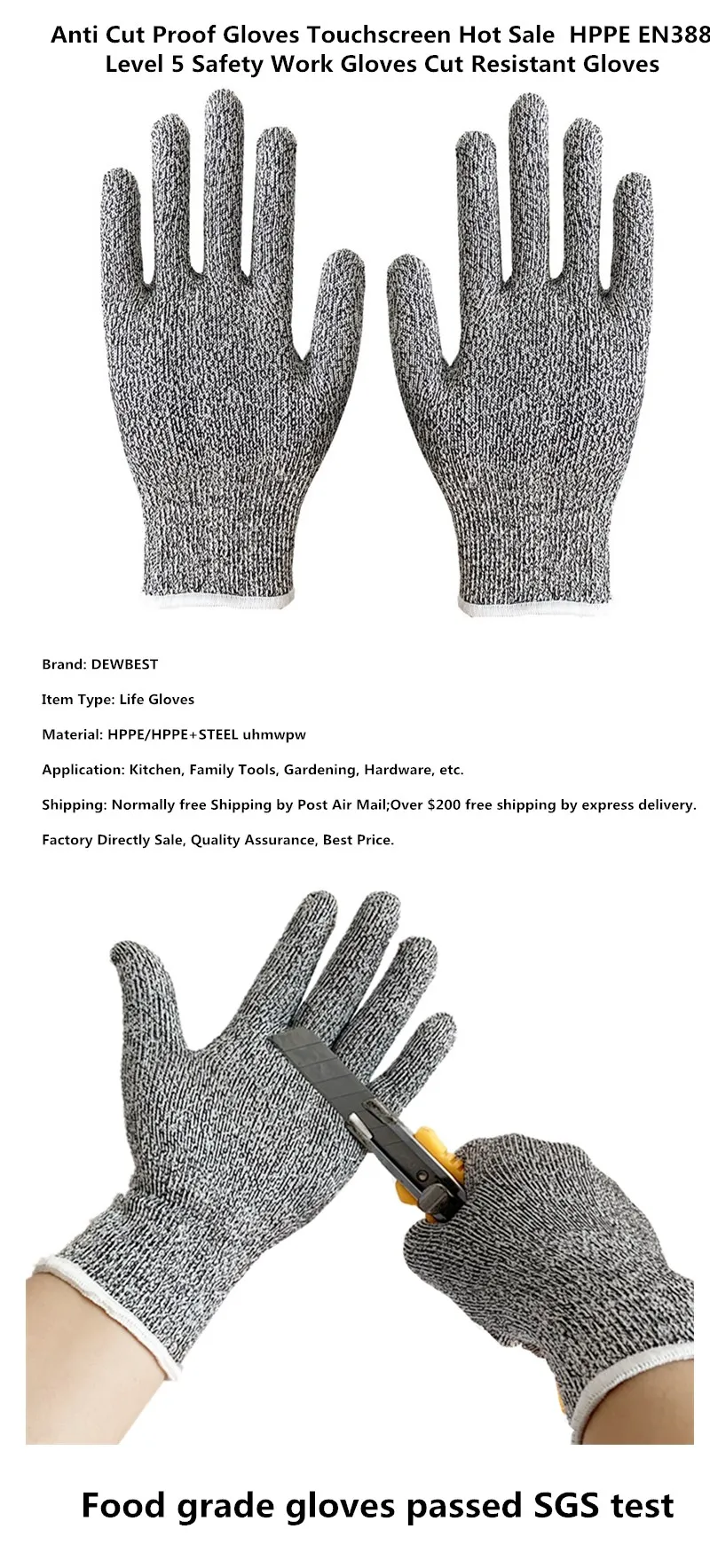 Anti Cut Proof Gloves Hot Sale dewbest Grey Black HPPE EN388 ANSI Anti-cut Level 5 Safety Work Gloves Cut Resistant Gloves