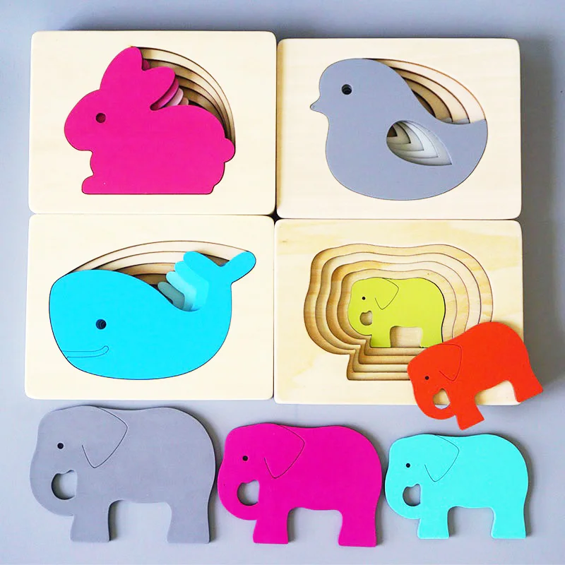 子供5層木製玩具3dパズル 子供動物多層ジグソーパズルパズルウサギ象鳥クジラモンテッソーリのおもちゃ パズル Aliexpress