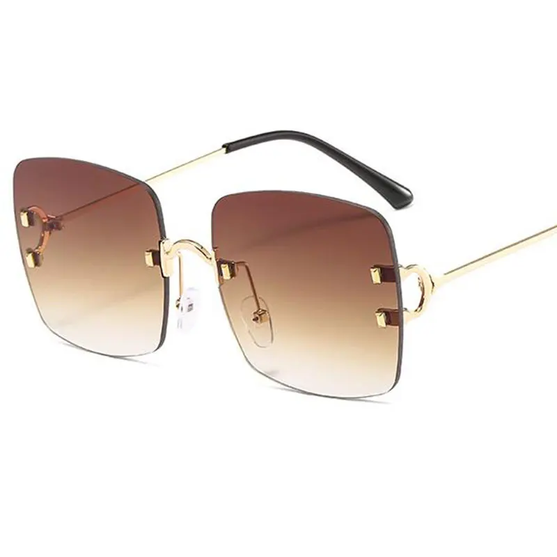 Модные коричневые Квадратные Солнцезащитные очки для женщин, сексуальные уличные очки без оправы, градиентные Роскошные брендовые солнцезащитные очки для девушек с металлическим УФ-покрытием