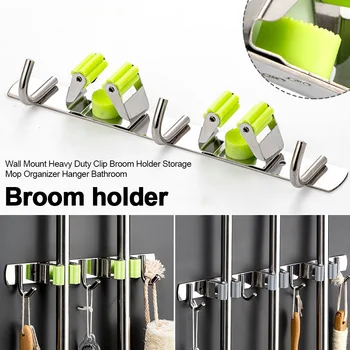 

Hanger Heavy Duty Stainless Steel Space Saving Mop Organizer Laundry Room Broom Holder Storage Practical Clip Hook Wall Mount