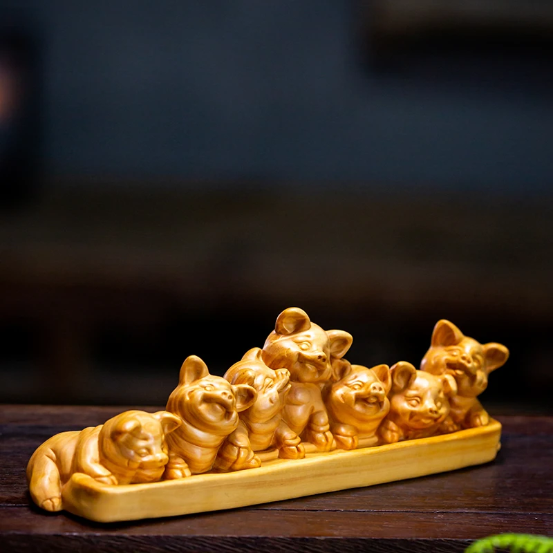 18cm Small Seven Pig Statue Wood Ornaments Handmade Carved Zodiac