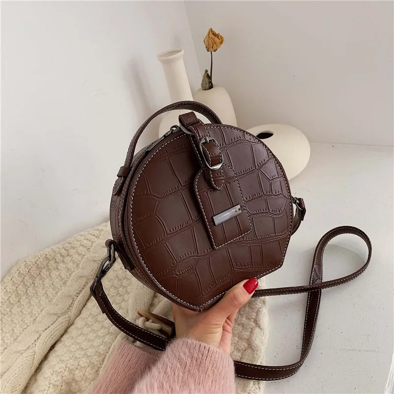 

Brand Designer Women Small Round Bags Crocodile Pattern Shoulder Messenger Bag Circle Lady All-match Handbag Purses Party Clutch