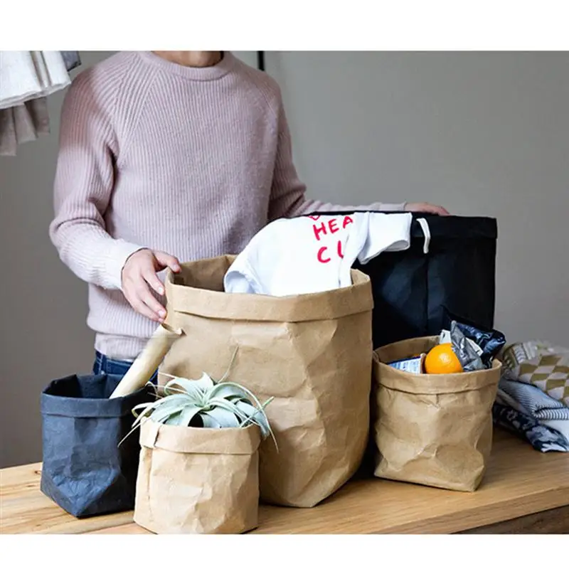 Washable Kraft Paper Storage Container Decorative Reusable Paper Bag