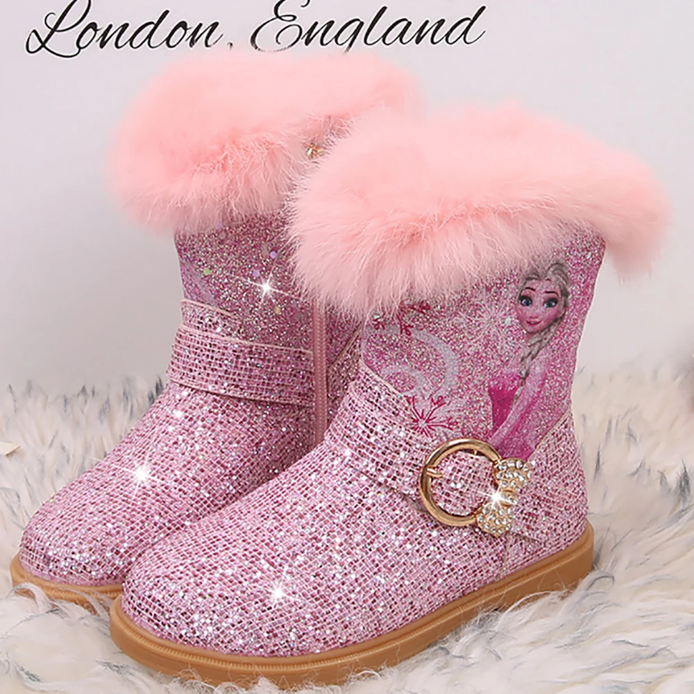 Disney Frozen Princess Elsa Girls Snow Boots For Children Winter Plush Soft Shoes Kid Waterproof Nonslip Casual Boot New Arrivel