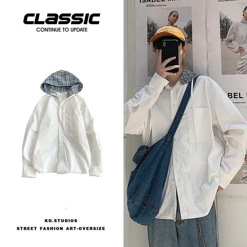 

Autumn New Hooded Shirt Men Fashion Solid Color Plaid Stitching Casual Shirt Men Streetwear Wild Loose Long-sleeved Shirts Man