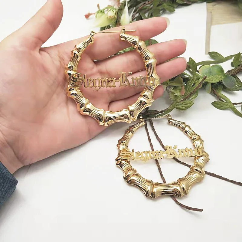 HIYONG Customizable Earings Stainless Steel Custom Name Personalized Big Nameplate Handmade Jewelry For Women Girls Round Circle