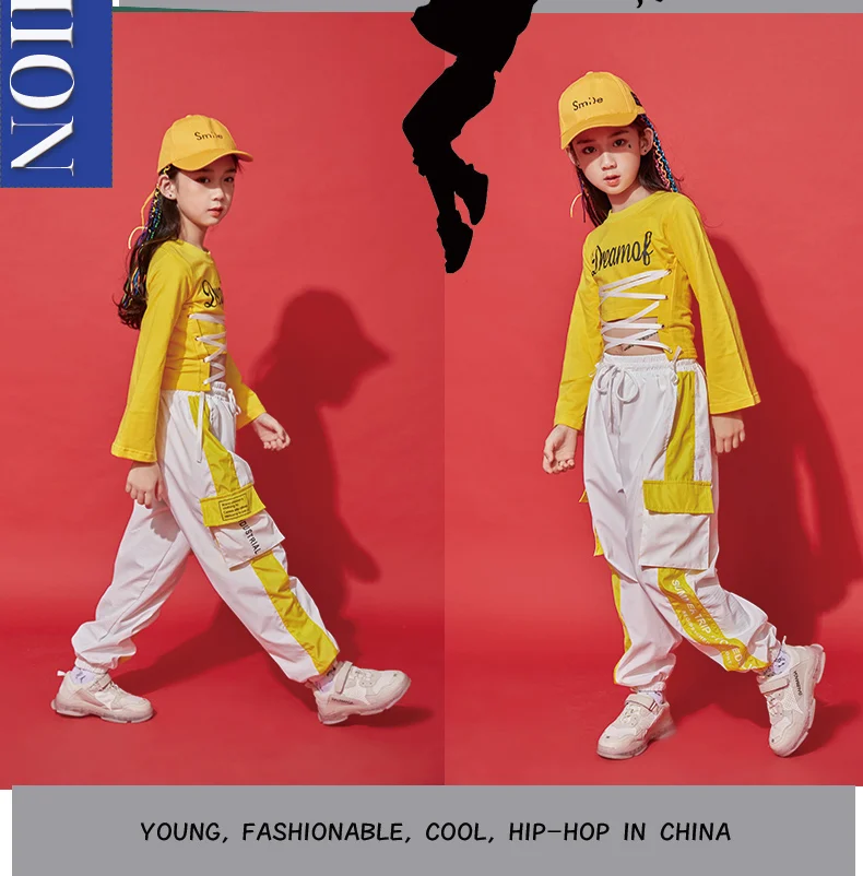 Танцевальные костюмы в стиле хип-хоп, детское джазовое выступление, одежда для девочек, современный уличный танцевальный костюм, модные желтые топы, сценический костюм, DNV12166