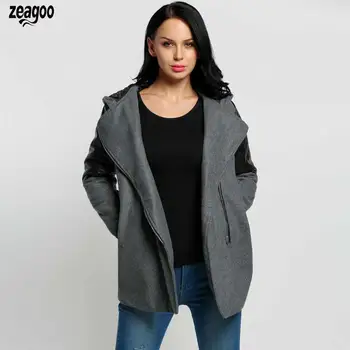 

Women Fashion Trench Jackets Outwear Casual Hooded Lapel Long Sleeve Patchwork Zip-up Outwear Trenchcoat Winter Coats