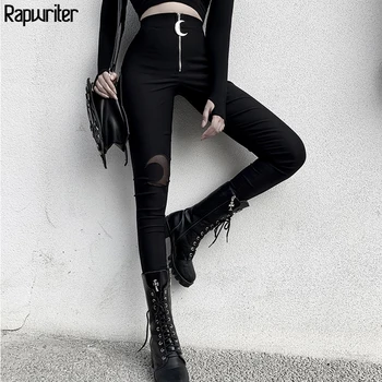 

Rapwriter Gothic Moon Middle Zipper Pants Women 2020 Harajuku Stretch High Waist Pants Joggers Trousers Femme