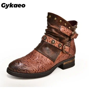 

Gykaeo Genuine Leather Botas Mujer 2020 Winter Women Shoes Retro Platform Boots Round Toe Square Heel Rivet Short Ankle Boots