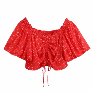 

New 2020 women slash neck dots print red short blouse female lantern sleeve drawstring bow shirts chic casual blusas tops LS6651