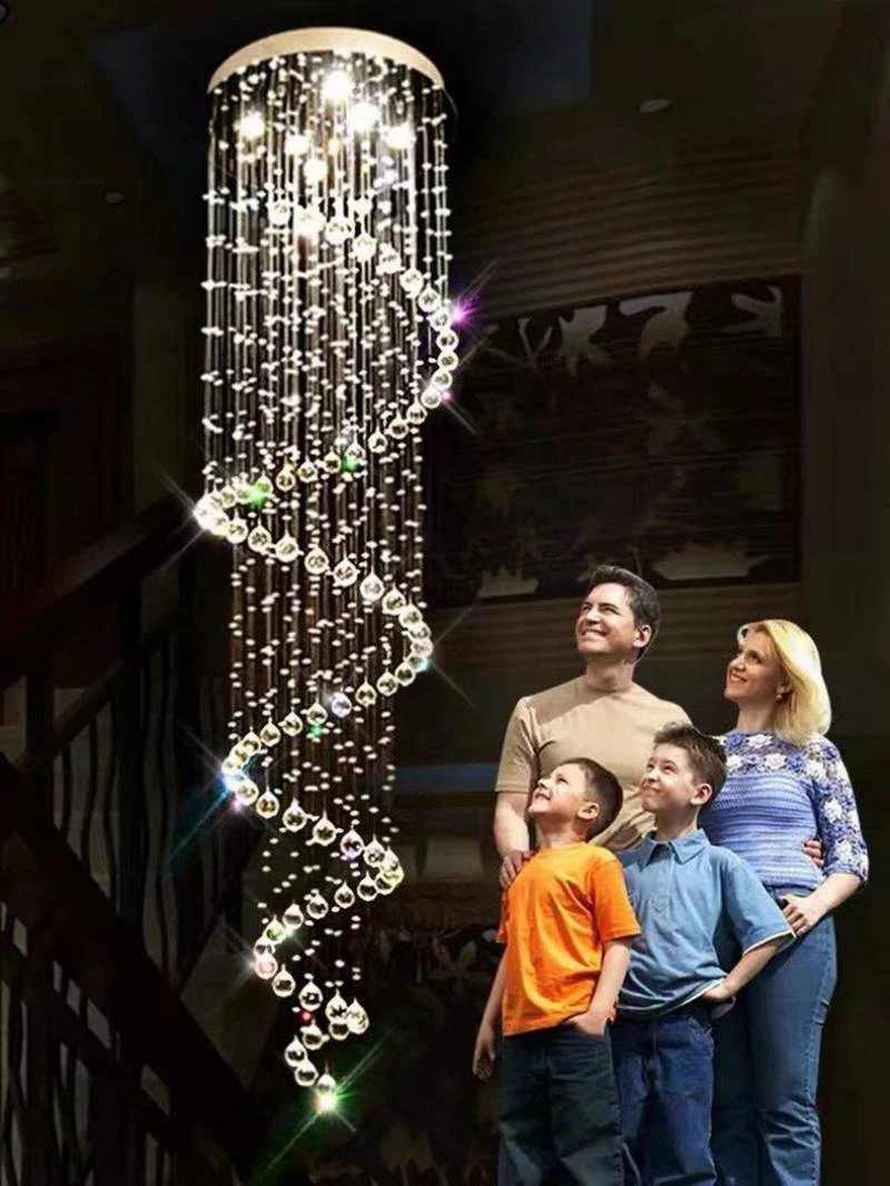 

Spiral Staircase Crystal Raindrop Chandelier Large High Ceiling Lamps Interior Living Room Foyer Corridor Modern Chandelier LED