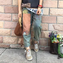 Новинка, Осенние прямые штаны в стиле ретро с вышивкой в виде маленького слона, контрастная прошивка, с завышенной талией, с 9 точками, свободные джинсы, повседневные штаны