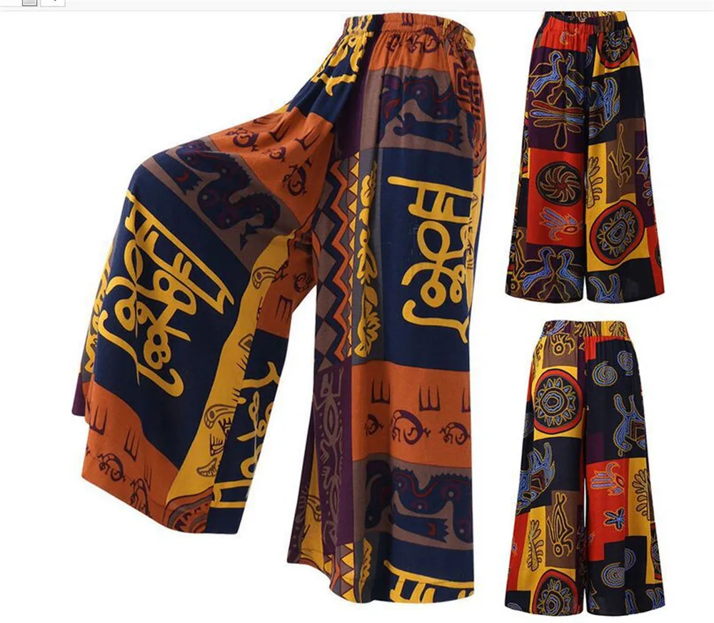 

Undefined Printed Cotton Linen Wide Leg Pants Plus Size Loose Casual Trousers
