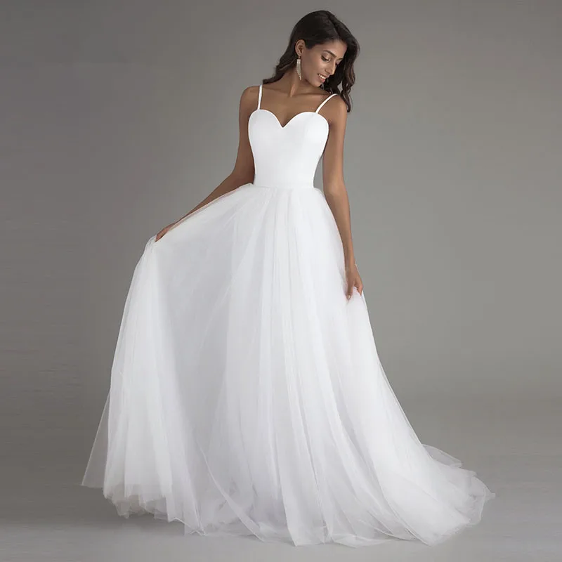 Spaghetti Strap Beach Wedding Dresses 2020 Vestido Noiva Praia White Tulle with Sashes Boho Bridal Gown A-line Bride dress