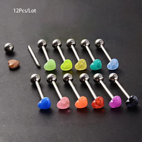 Acrylic Multicolor Heart Tongue Piercing Barbell Tongue Rings Stainless Steel Bars Tounge Ring Women Men Jewelry 14g