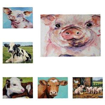 

Cute Animal Pig Dining Table Cloth Cow Captive Oil Painting Oxen Coaster Napkin Can Be Washed 32 * 45 Polyester Linen Custom