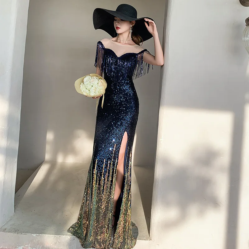 

Exquisite Sequins Appliques Elegant Banquet Dress Lady Tassel Trim Temperament Evening Party Gown Novelty Mermaid Dresses