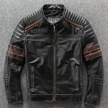 Винтажная Черная Мужская короткая мотоциклетная кожаная куртка с черепами размера плюс XXXL из натуральной воловьей кожи, облегающее Велосипедное пальто