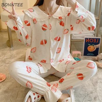 

Pajama Sets Women Strawberry Printed Long Sleeve Leisure Comfortable Leisure Kawaii Girls Korean Style Pyjamas Lounge Fashion