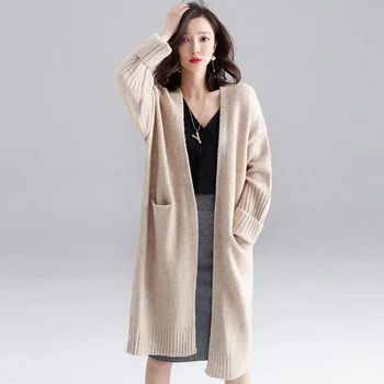 

New Spring Winter Fashion Knitting Khaki Trench Coat Women Street Style Oversized Open Stitch Loose Casual Trench Coat Pockets