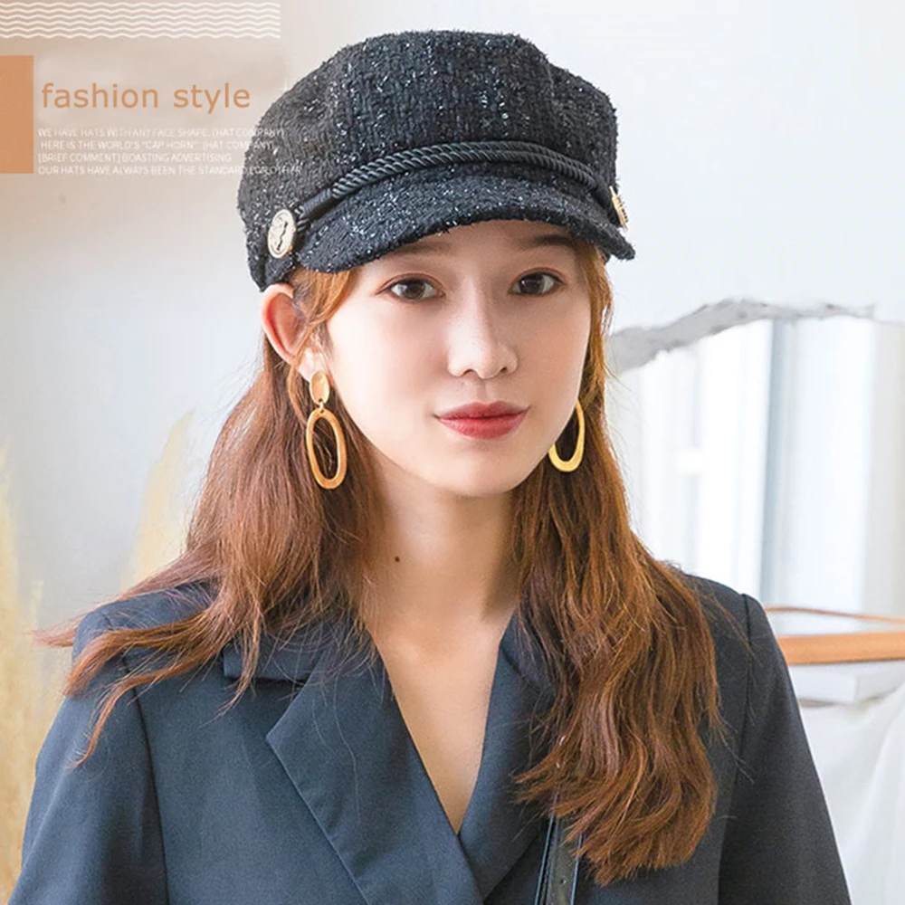 Newsboy Caps Tweed Hat Woman Flat Top Military Visor Cap Female Beret Hats Spring Autumn Winter