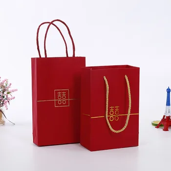 

Red Double Happiness Paper Gift Bags with Handle Wedding Party Favors Bags Candy Sweets Packaging Bag