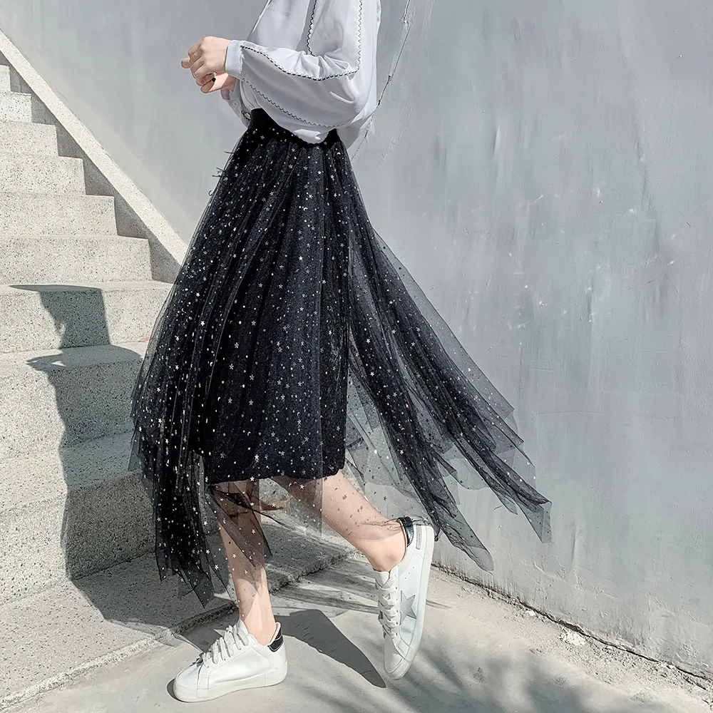 2019 Новая Женская длинная юбка из фатина Асимметричная с эластичным поясом