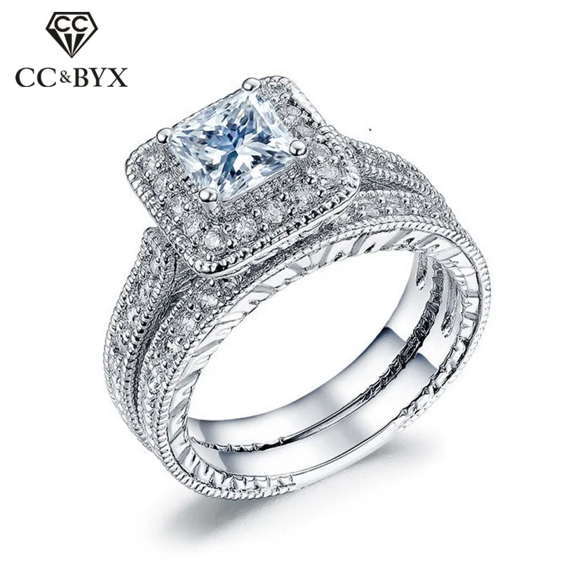 CC Couple Sets Rings for Women Bridal Wedding Cubic Zirconia Square Stone Luxury Lovers Jewelry Engagement silver ring wedding rings silver rings