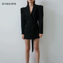 JuneLove женские осенние длинный рукав блейзеры куртки винтажные двубортные женские Клубные пиджаки с поясом повседневные офисные женские Свободные пиджаки