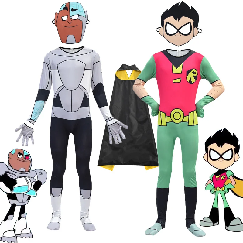 Костюм для подростков Titans Go Робин косплей детский комбинезон 3D Zentai накидка