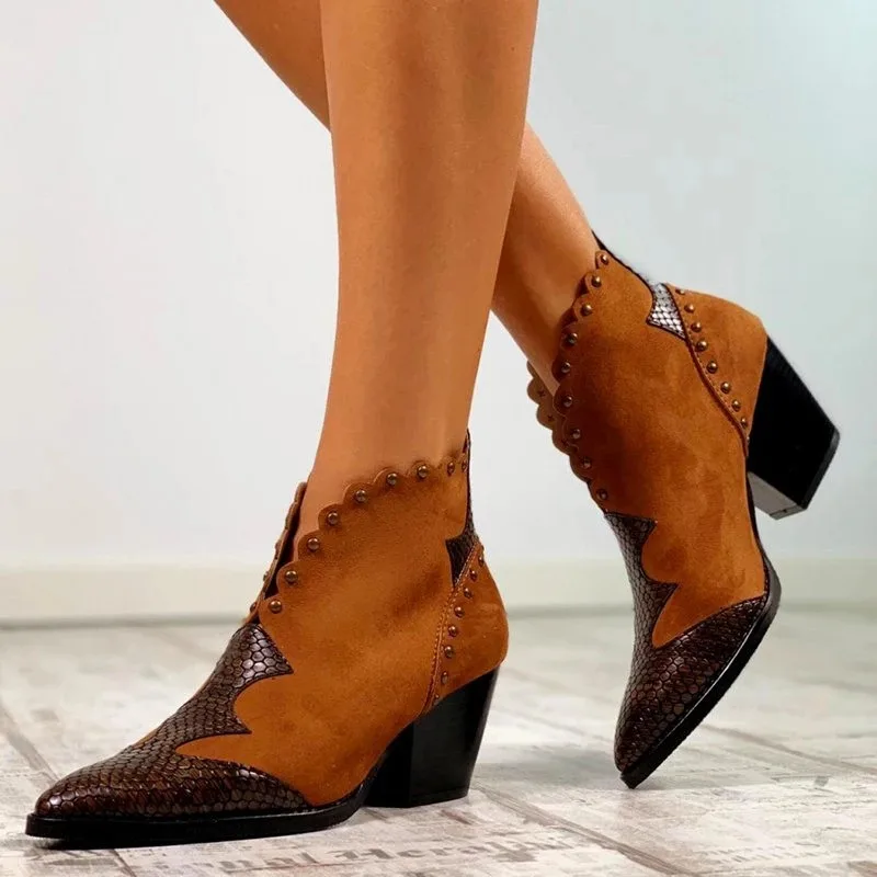 Women Autumn Winter Pointed Leather Cowboy Ankle Boots Women Wedge High Heel Booties Snake Print Western Cowgirl Boots